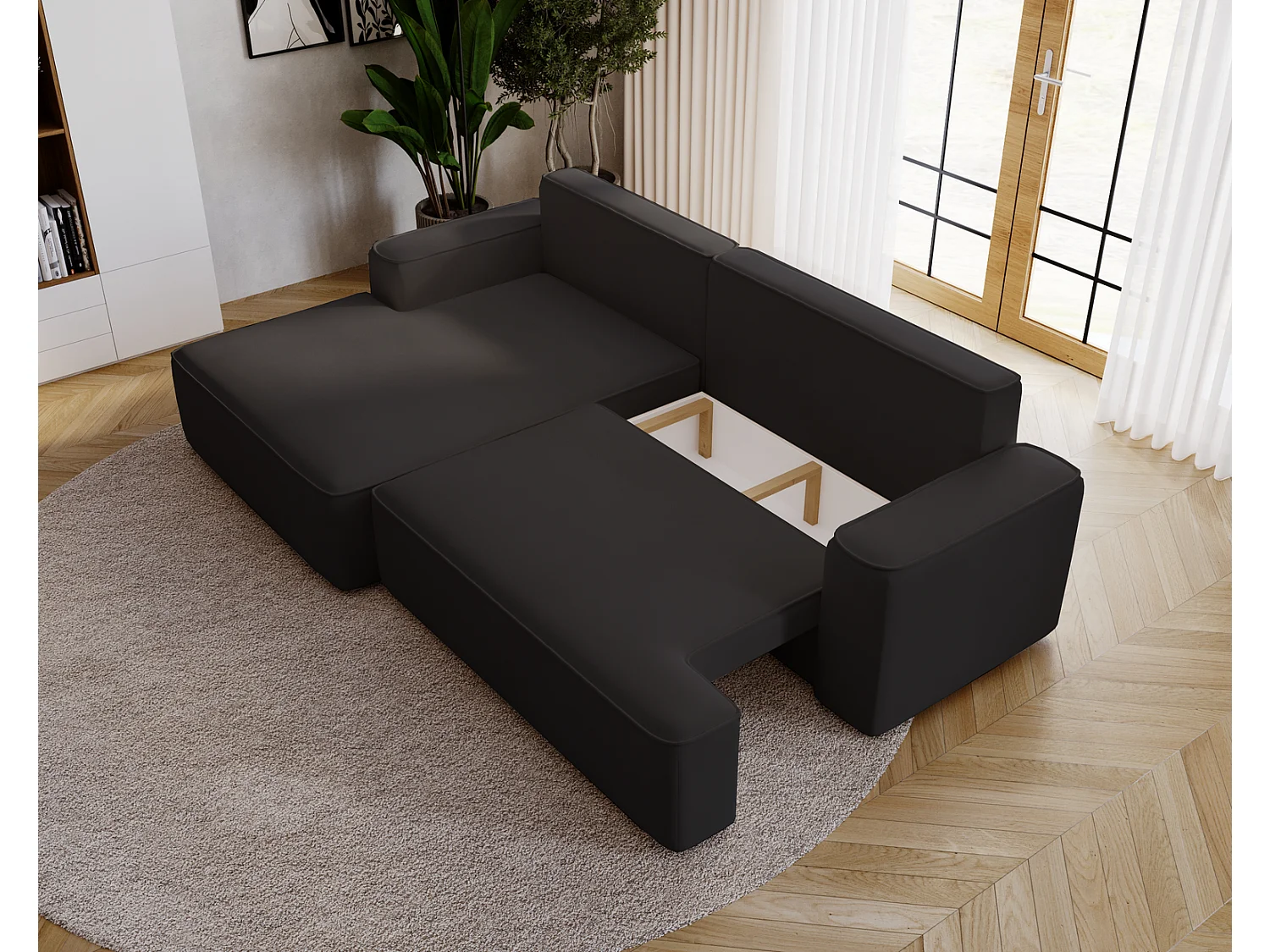 Canapé d'angle convertible Dallas, 270 cm, velours, gauche, noir