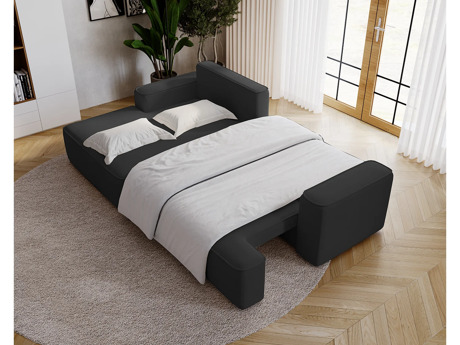 Canapé d'angle convertible Dallas, 270 cm, velours, gauche, noir