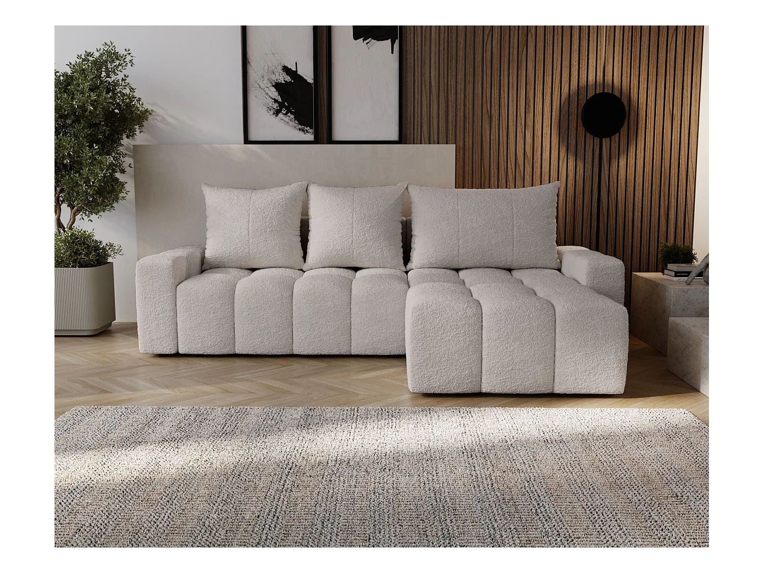 Emporius Wilson Canapé d'angle - Tissu Bouclé, Canapé 255 cm Convertible, Droite - Gris clair (Anthology 15)