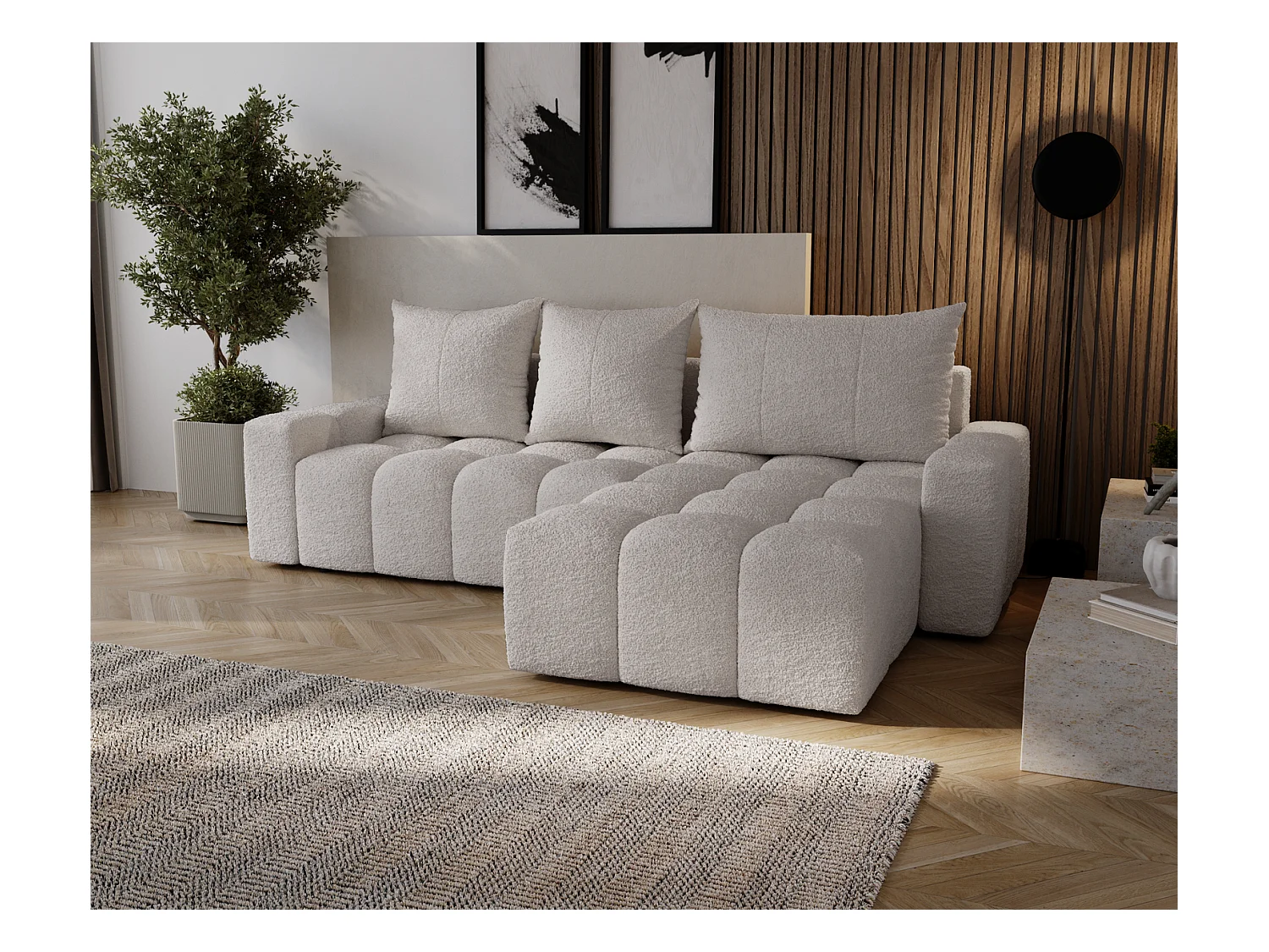 Emporius Wilson Canapé d'angle - Tissu Bouclé, Canapé 255 cm Convertible, Droite - Gris clair (Anthology 15)