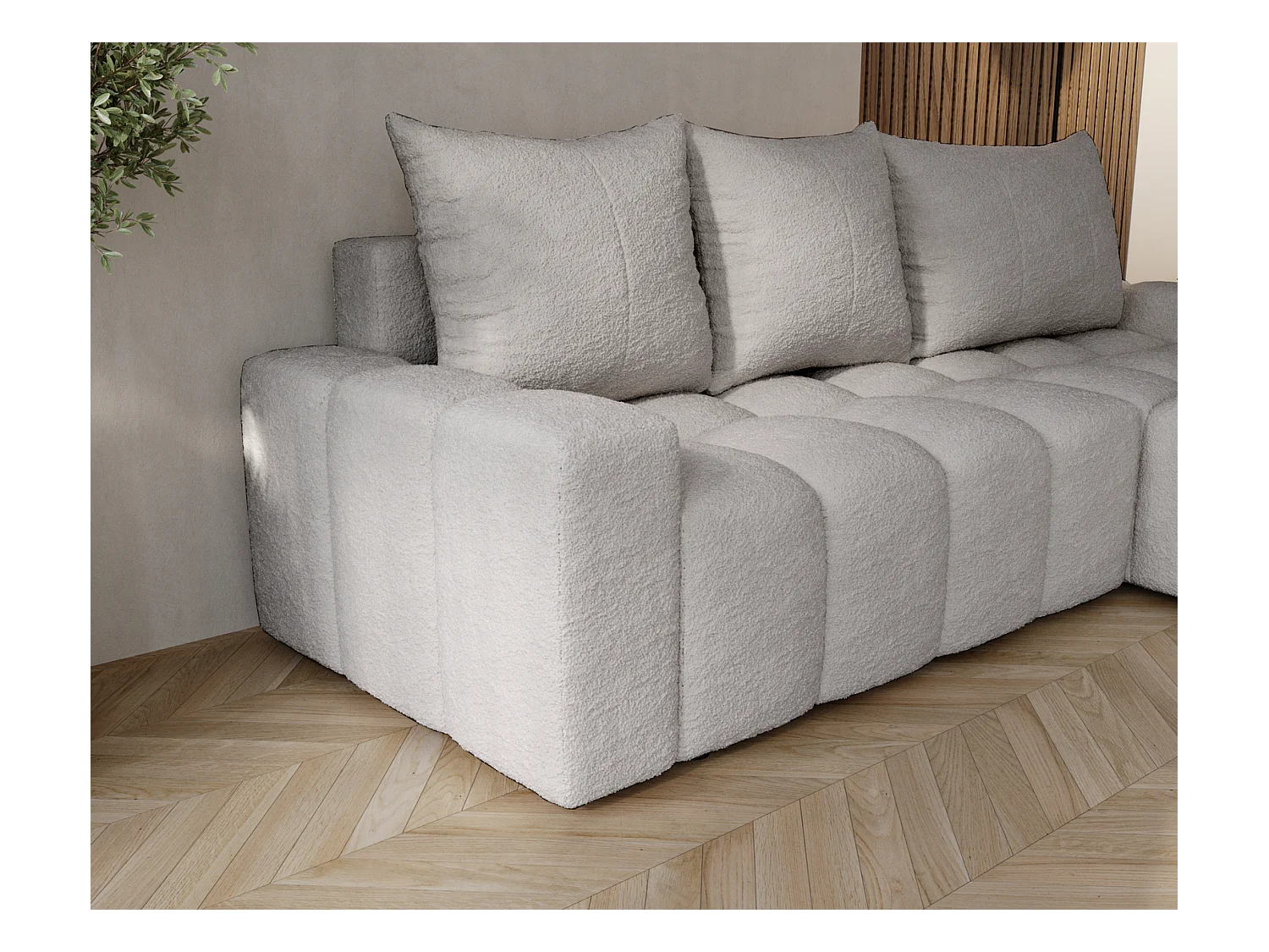 Emporius Wilson Canapé d'angle - Tissu Bouclé, Canapé 255 cm Convertible, Droite - Gris clair (Anthology 15)