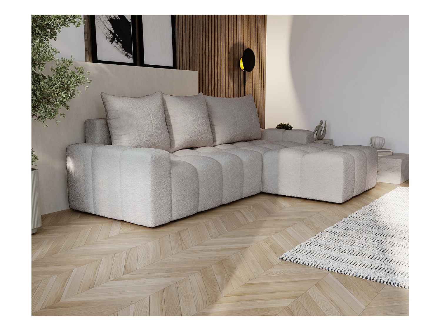 Emporius Wilson Canapé d'angle - Tissu Bouclé, Canapé 255 cm Convertible, Droite - Gris clair (Anthology 15)
