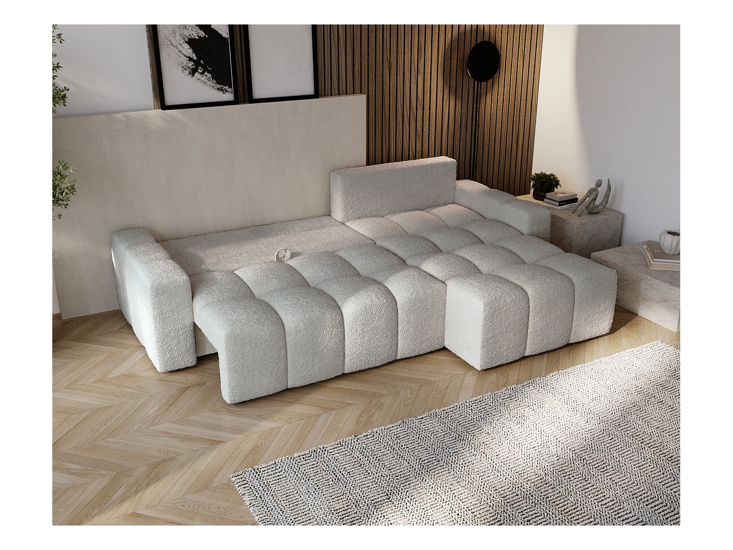 Emporius Wilson Canapé d'angle - Tissu Bouclé, Canapé 255 cm Convertible, Droite - Gris clair (Anthology 15)