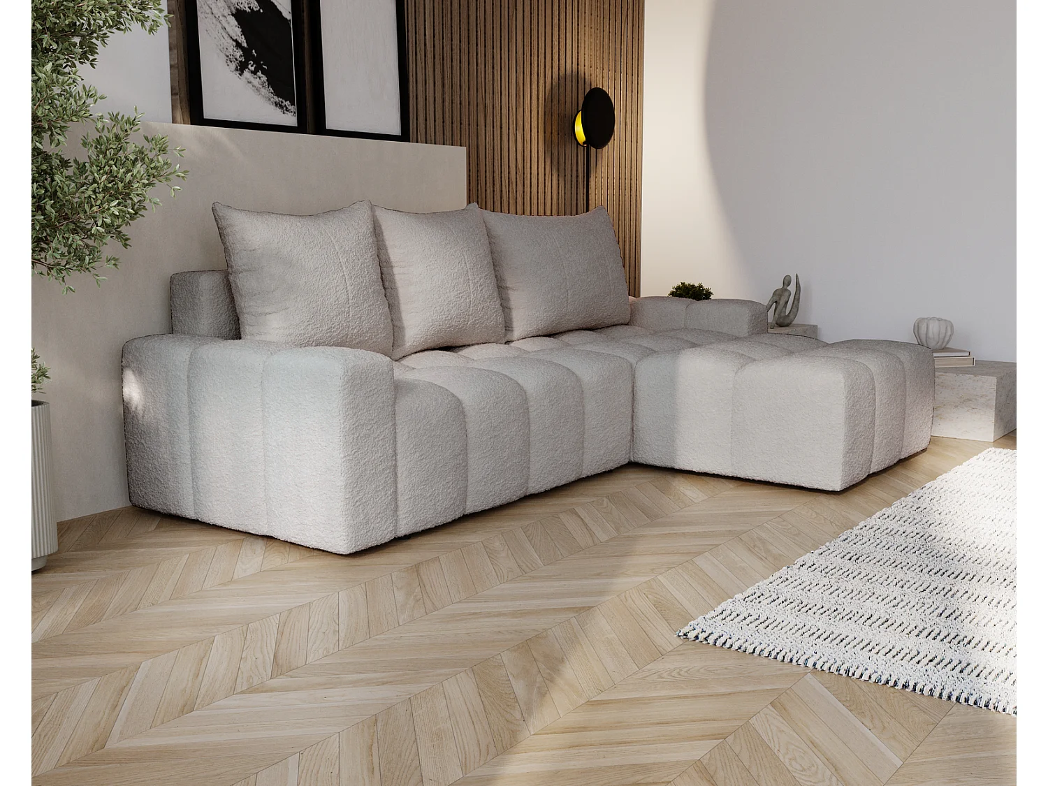 Emporius Wilson Canapé d'angle - Tissu Bouclé, Canapé 255 cm Convertible, Droite - Gris clair (Anthology 15)