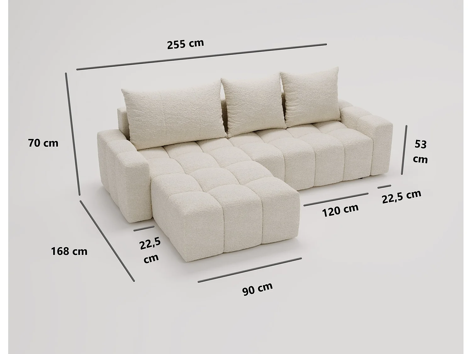 Canapé d'angle convertible Wilson, 255 cm, tissu bouclé, droit, gris clair