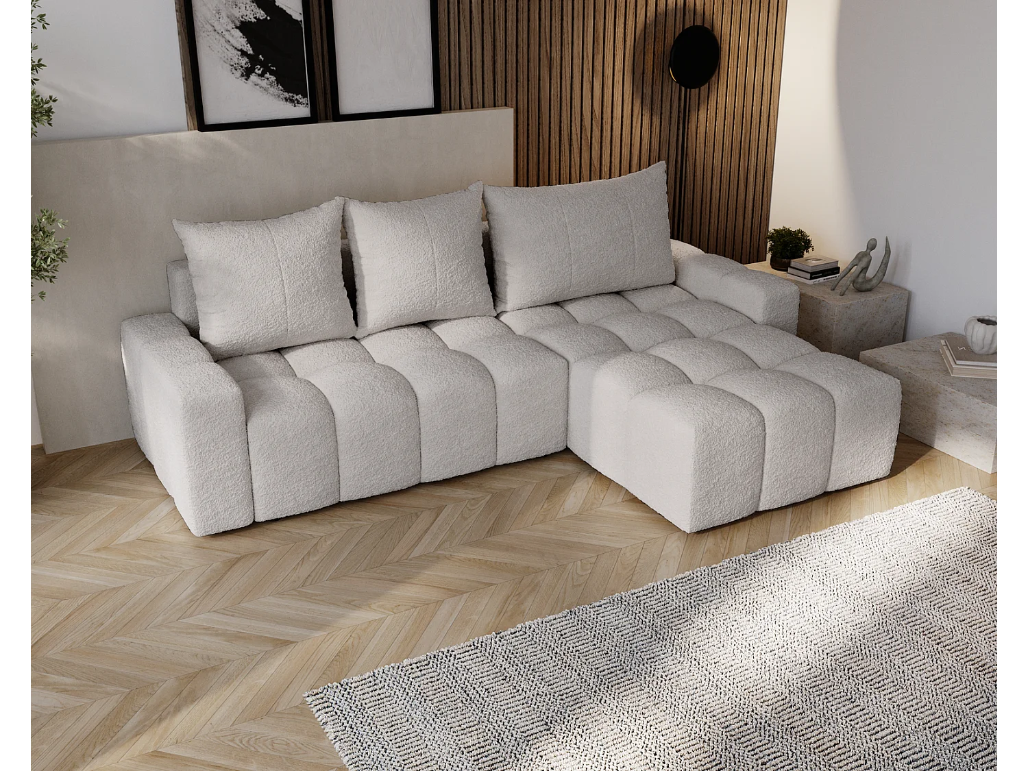 Emporius Wilson Hoekbank met slaapfunctie - slaapbank met bedlade, rechts, bouclé lichtgrijs (Anthology 15)