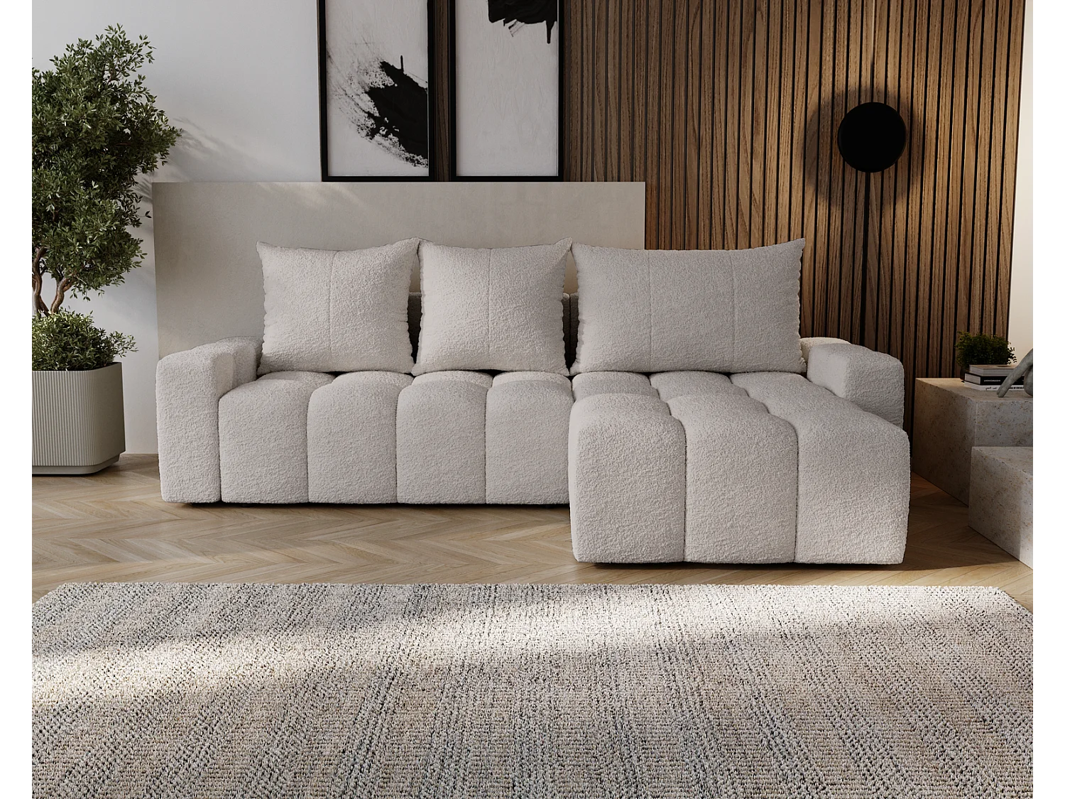 Emporius Wilson Hoekbank met slaapfunctie - slaapbank met bedlade, rechts, bouclé lichtgrijs (Anthology 15)