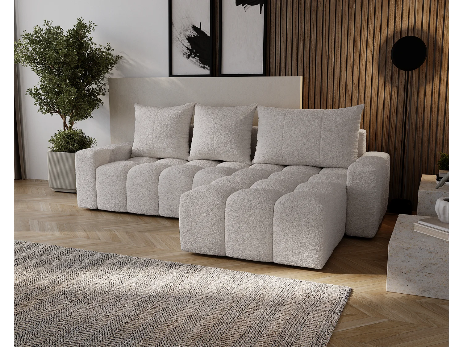 Emporius Wilson Hoekbank met slaapfunctie - slaapbank met bedlade, rechts, bouclé lichtgrijs (Anthology 15)