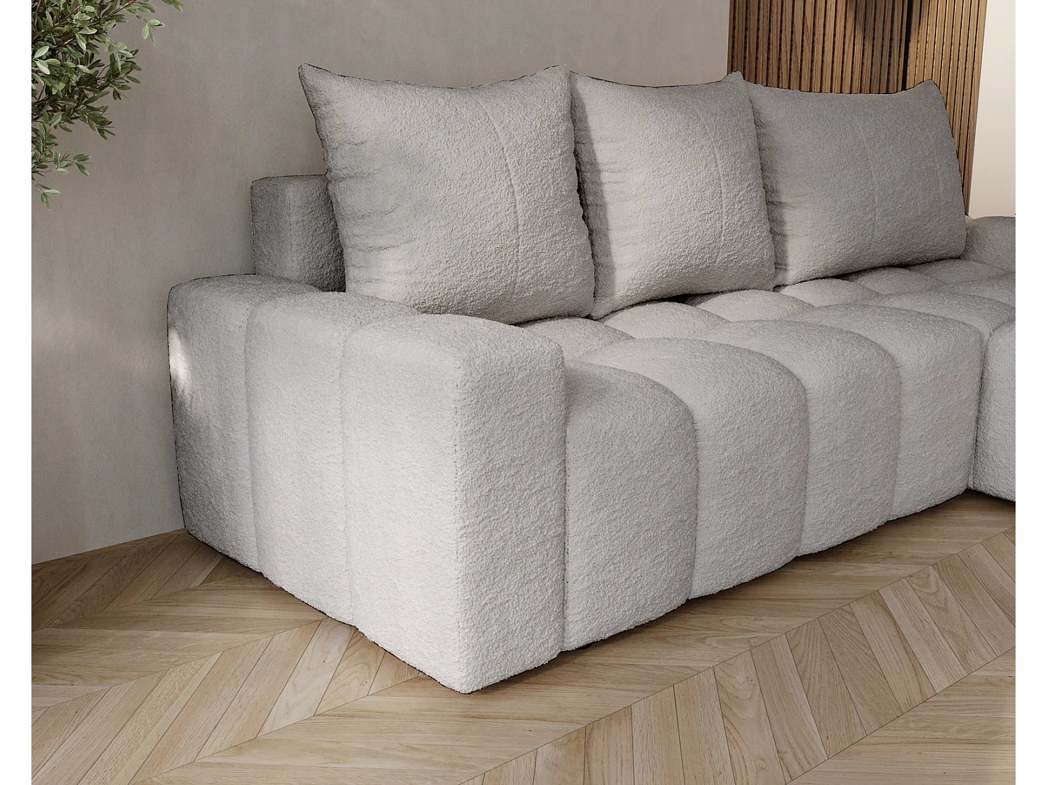 Emporius Wilson Hoekbank met slaapfunctie - slaapbank met bedlade, rechts, bouclé lichtgrijs (Anthology 15)