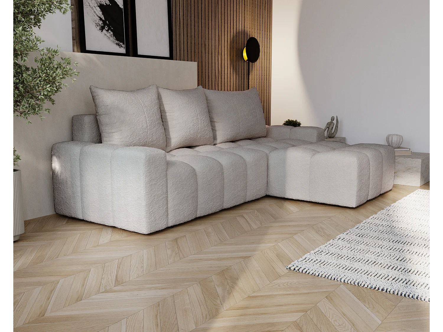 Emporius Wilson Hoekbank met slaapfunctie - slaapbank met bedlade, rechts, bouclé lichtgrijs (Anthology 15)