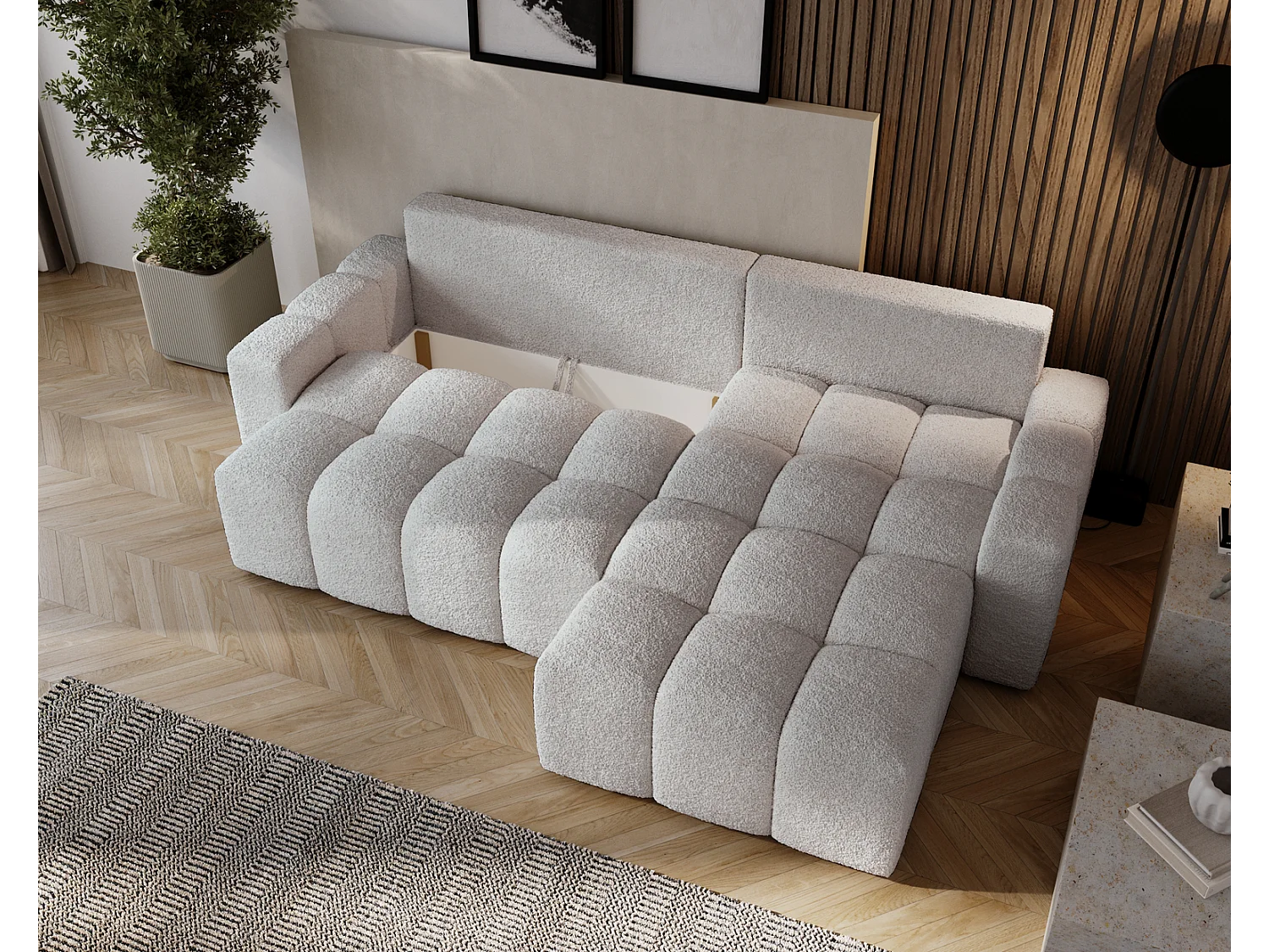 Emporius Wilson Hoekbank met slaapfunctie - slaapbank met bedlade, rechts, bouclé lichtgrijs (Anthology 15)