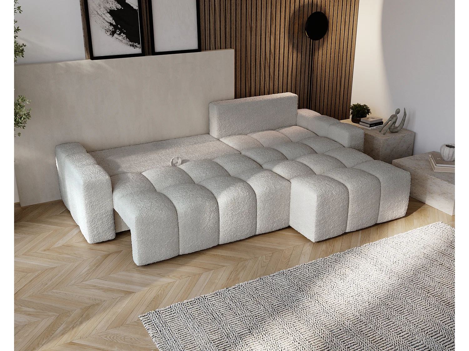 Emporius Wilson Hoekbank met slaapfunctie - slaapbank met bedlade, rechts, bouclé lichtgrijs (Anthology 15)