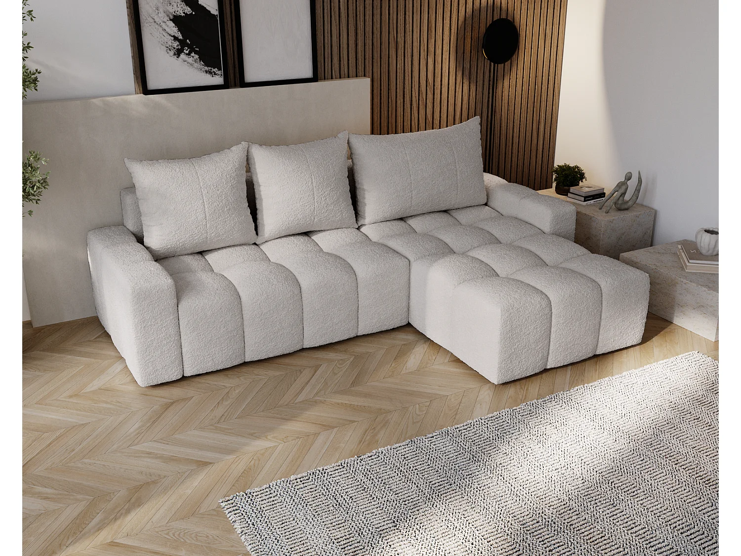 Canapé d'angle convertible Wilson, 255 cm, tissu bouclé, droit, gris clair