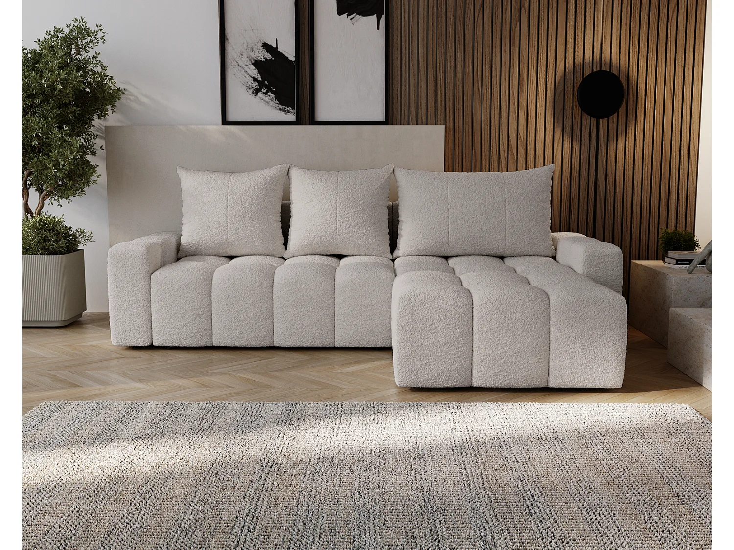 Canapé d'angle convertible Wilson, 255 cm, tissu bouclé, droit, gris clair