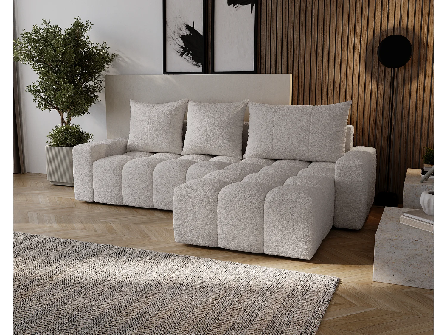 Canapé d'angle convertible Wilson, 255 cm, tissu bouclé, droit, gris clair