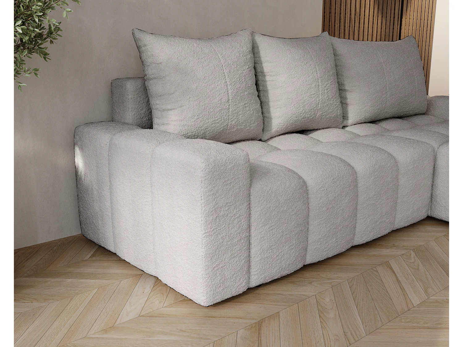 Canapé d'angle convertible Wilson, 255 cm, tissu bouclé, droit, gris clair