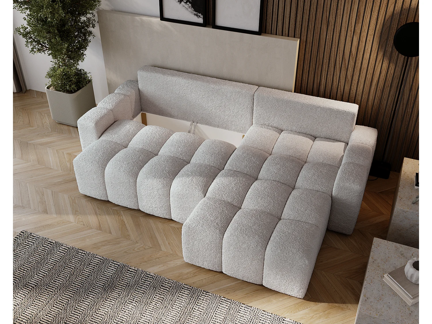 Canapé d'angle convertible Wilson, 255 cm, tissu bouclé, droit, gris clair