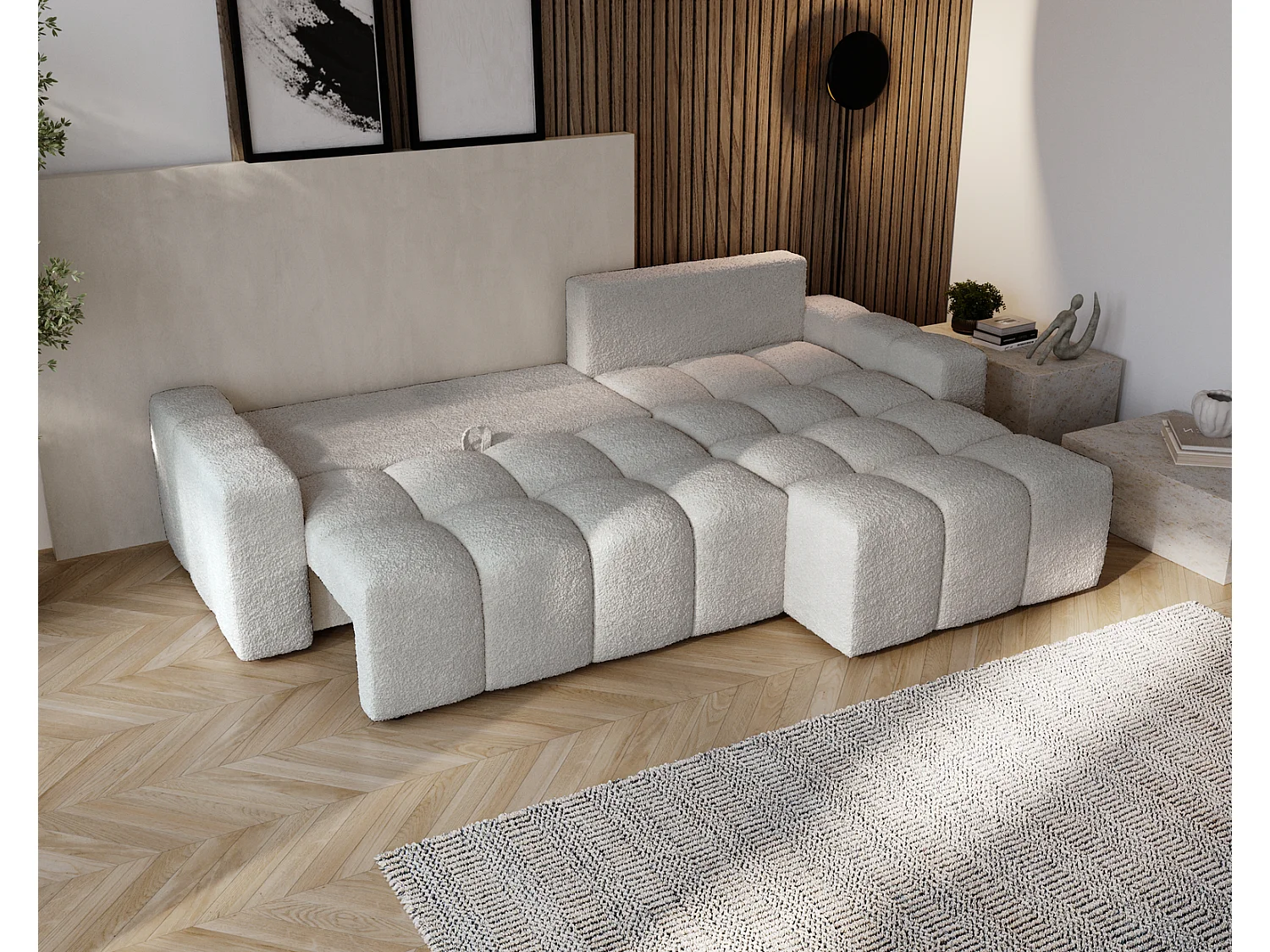Canapé d'angle convertible Wilson, 255 cm, tissu bouclé, droit, gris clair