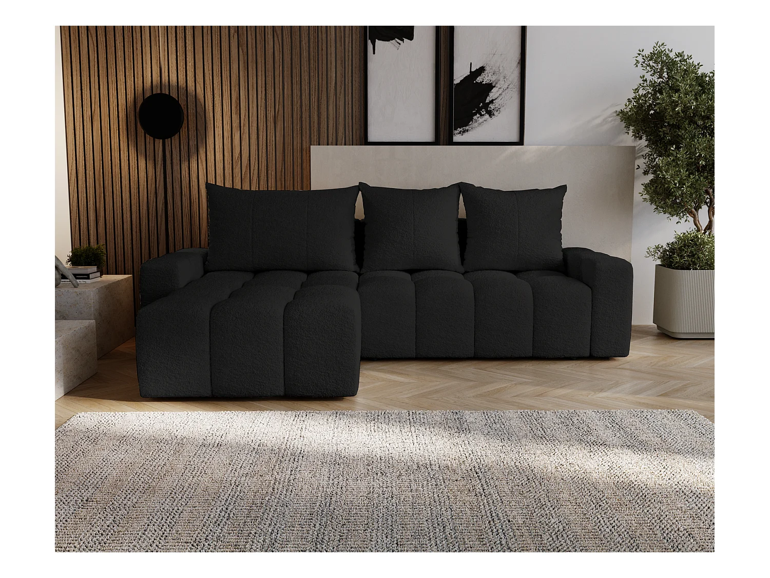 Emporius Wilson Hoekbank met slaapfunctie - slaapbank met bedlade, links, bouclé zwart (Anthology 19)
