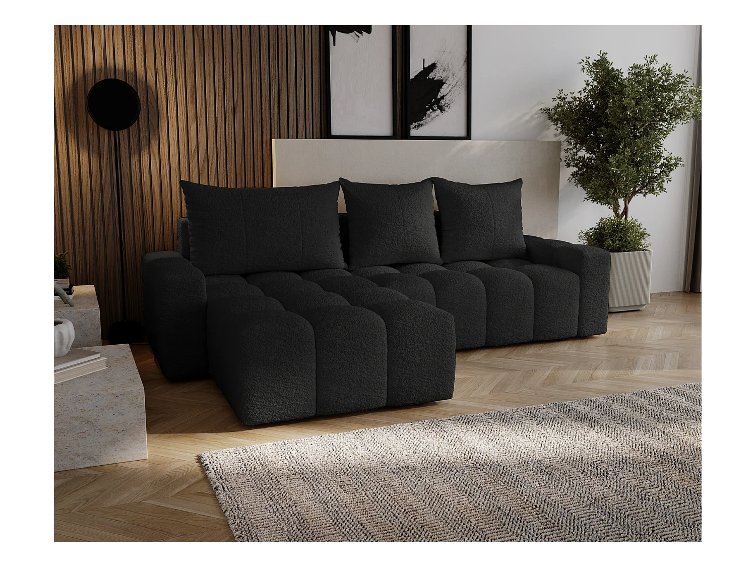 Emporius Wilson Hoekbank met slaapfunctie - slaapbank met bedlade, links, bouclé zwart (Anthology 19)