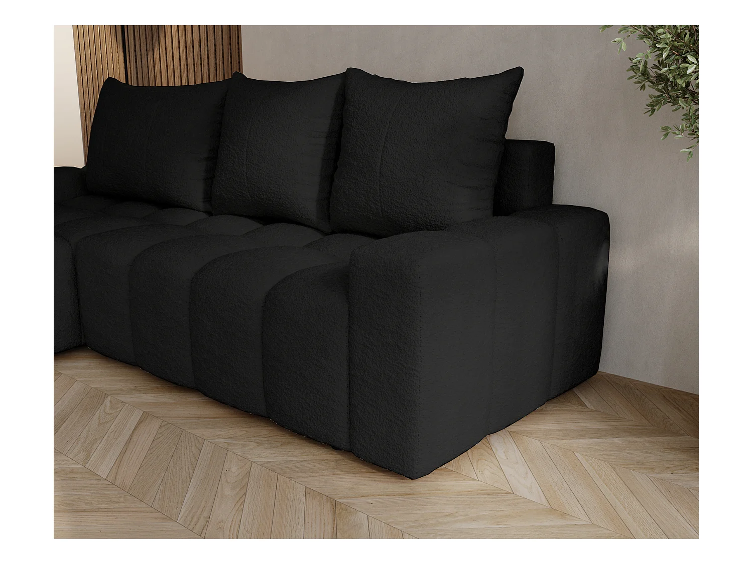 Emporius Wilson Hoekbank met slaapfunctie - slaapbank met bedlade, links, bouclé zwart (Anthology 19)