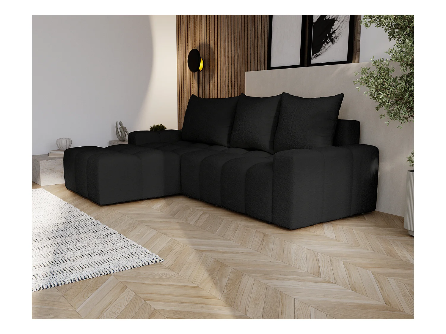Emporius Wilson Hoekbank met slaapfunctie - slaapbank met bedlade, links, bouclé zwart (Anthology 19)