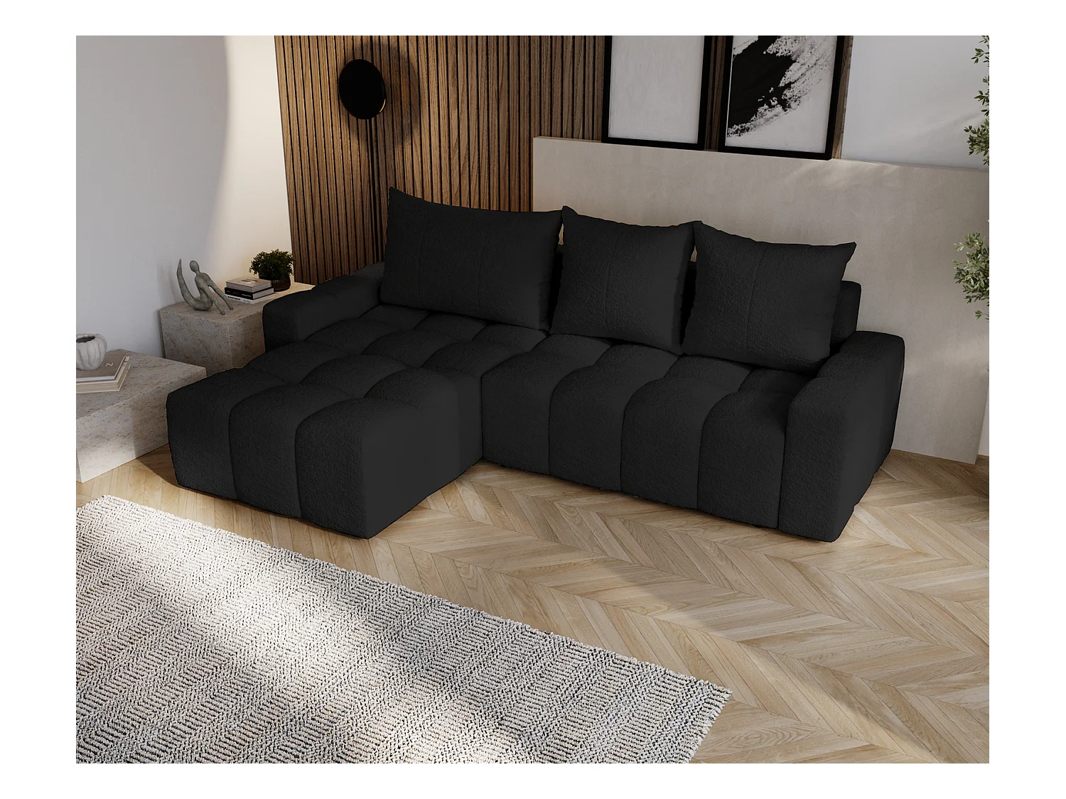Emporius Wilson Canapé d'angle - Tissu Bouclé, Canapé 255 cm Convertible, Gauche - Noir (Anthology 19)