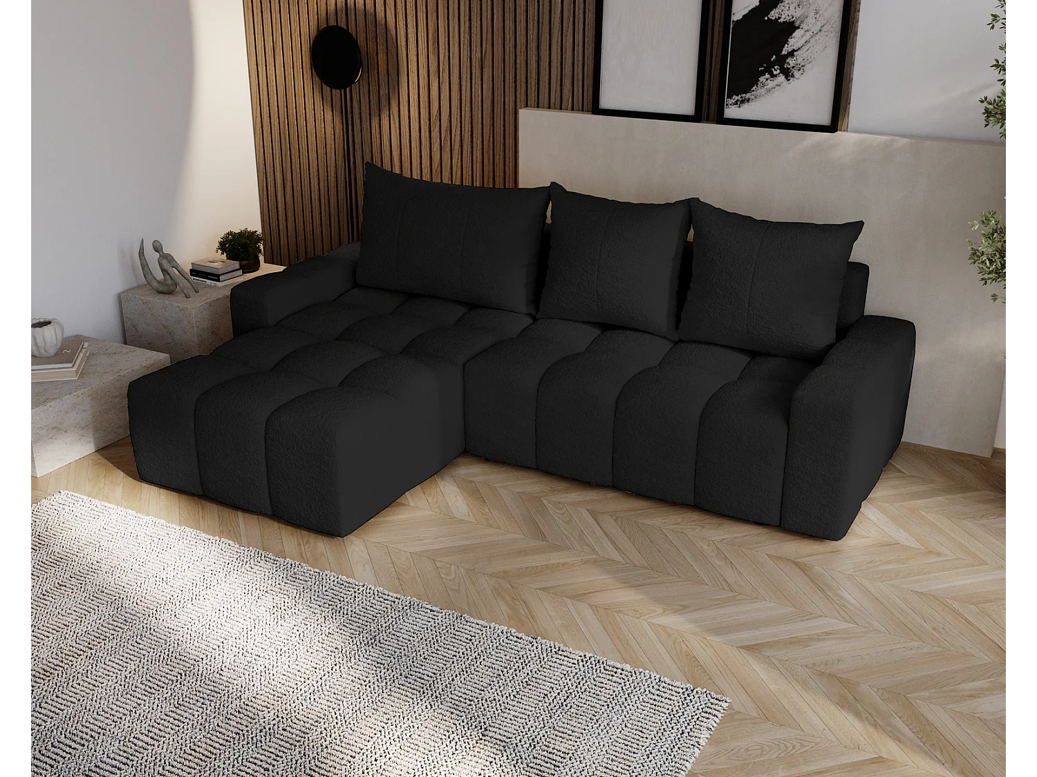 Emporius Wilson Hoekbank met slaapfunctie - slaapbank met bedlade, links, bouclé zwart (Anthology 19)