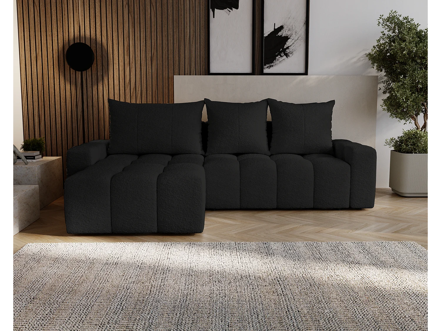 Emporius Wilson Hoekbank met slaapfunctie - slaapbank met bedlade, links, bouclé zwart (Anthology 19)