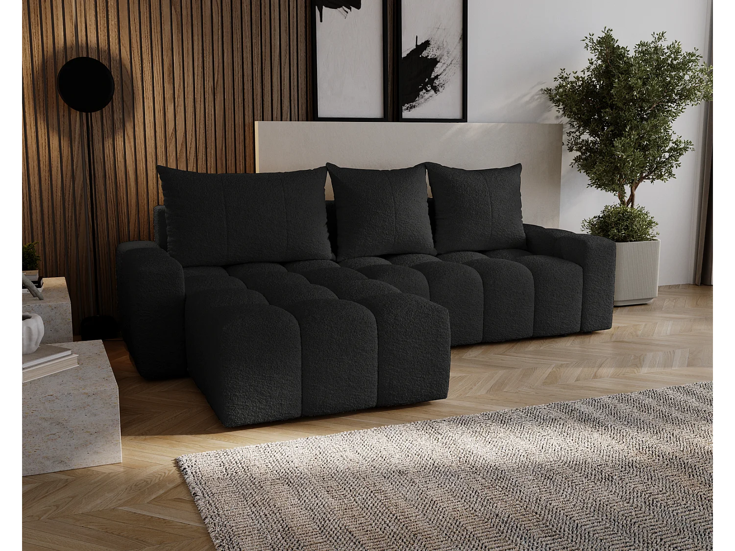 Emporius Wilson Hoekbank met slaapfunctie - slaapbank met bedlade, links, bouclé zwart (Anthology 19)