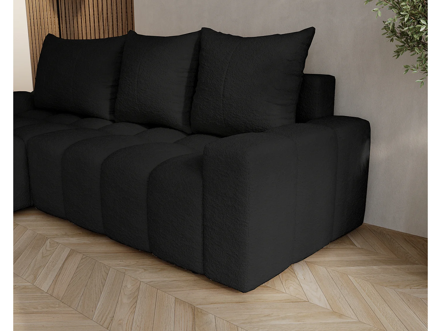 Emporius Wilson Hoekbank met slaapfunctie - slaapbank met bedlade, links, bouclé zwart (Anthology 19)