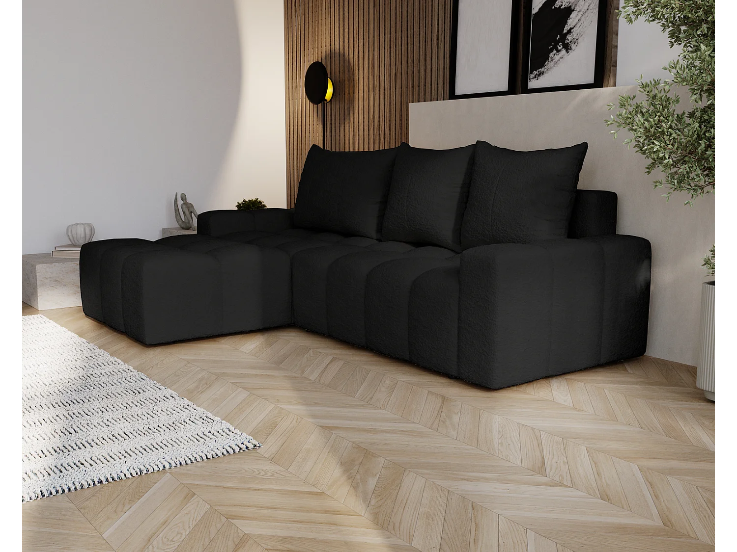 Emporius Wilson Hoekbank met slaapfunctie - slaapbank met bedlade, links, bouclé zwart (Anthology 19)