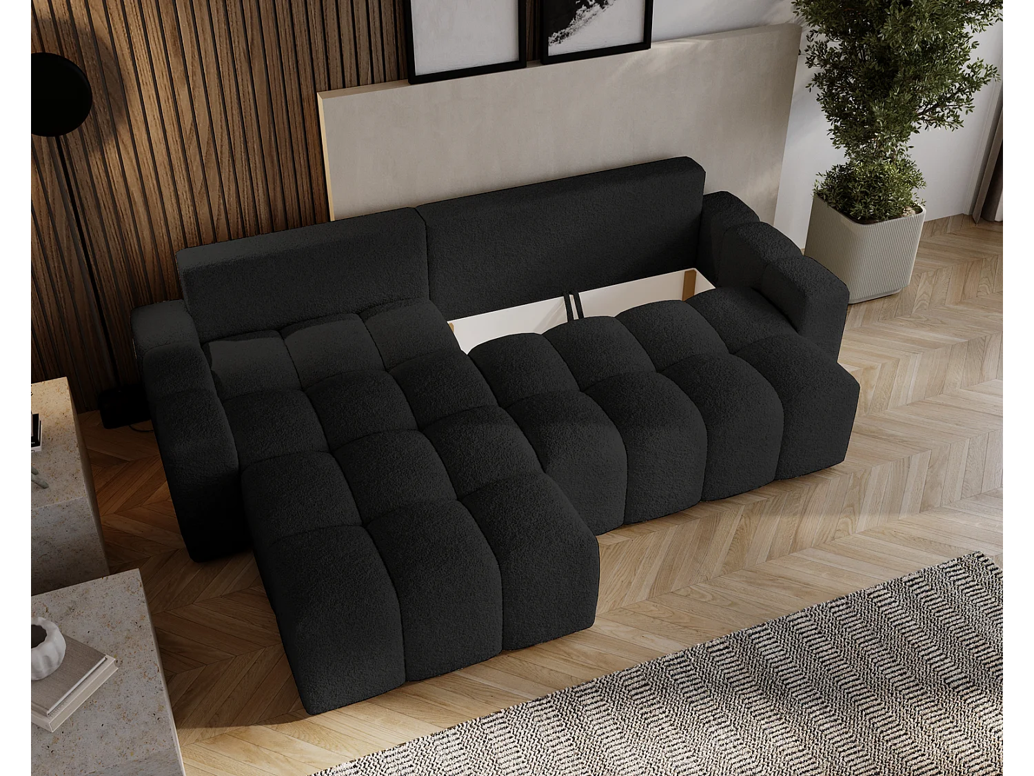 Emporius Wilson Hoekbank met slaapfunctie - slaapbank met bedlade, links, bouclé zwart (Anthology 19)