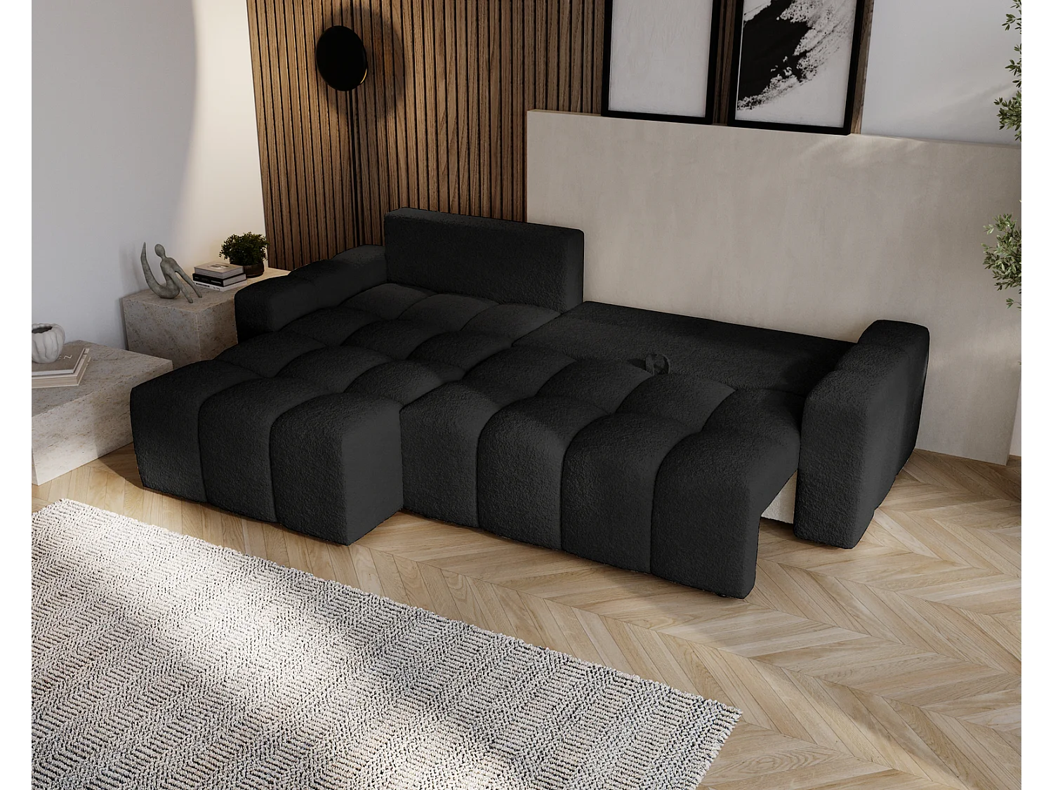 Emporius Wilson Hoekbank met slaapfunctie - slaapbank met bedlade, links, bouclé zwart (Anthology 19)