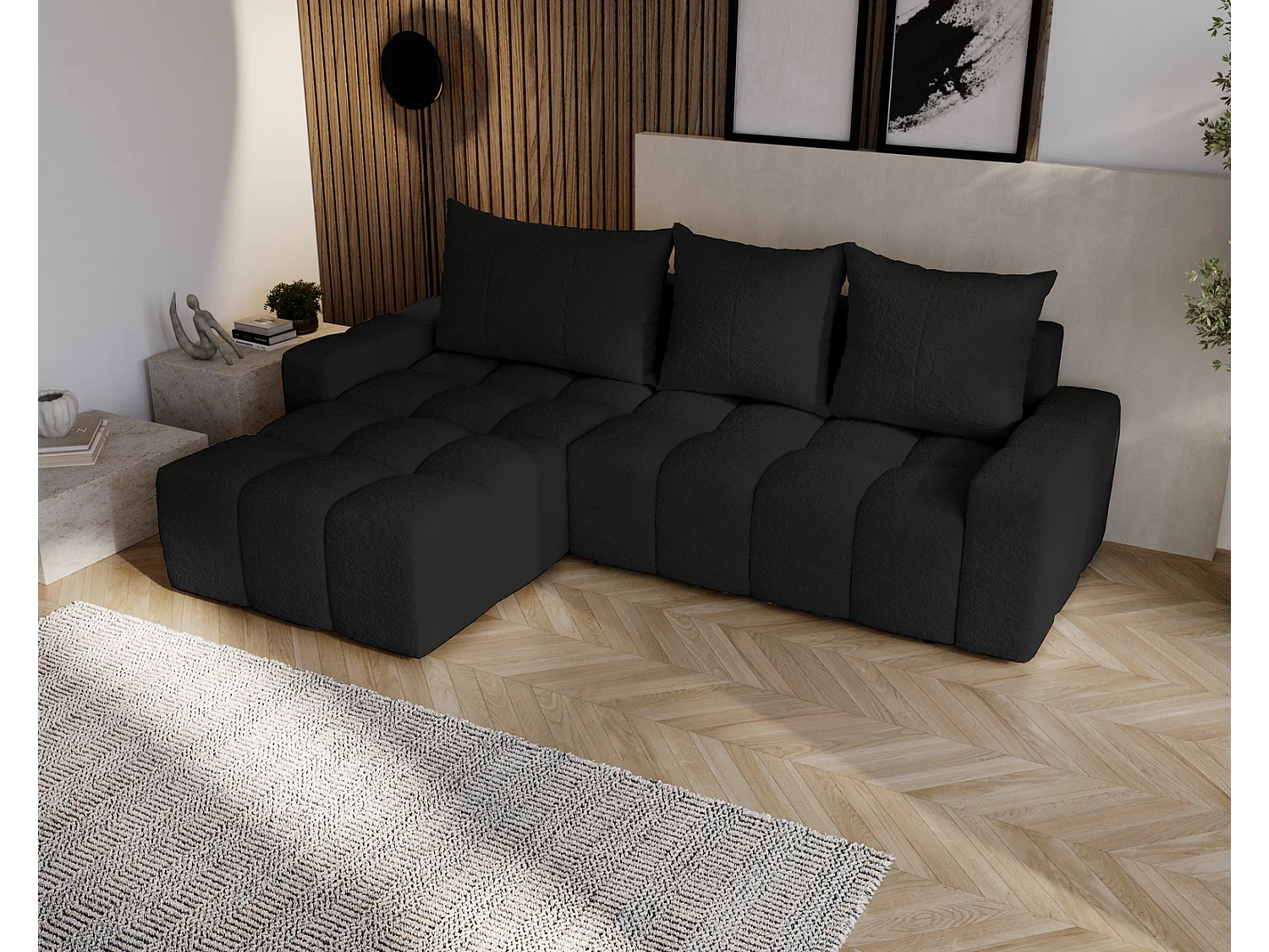 Canapé d'angle convertible Wilson, 255 cm, tissu bouclé, gauche, noir