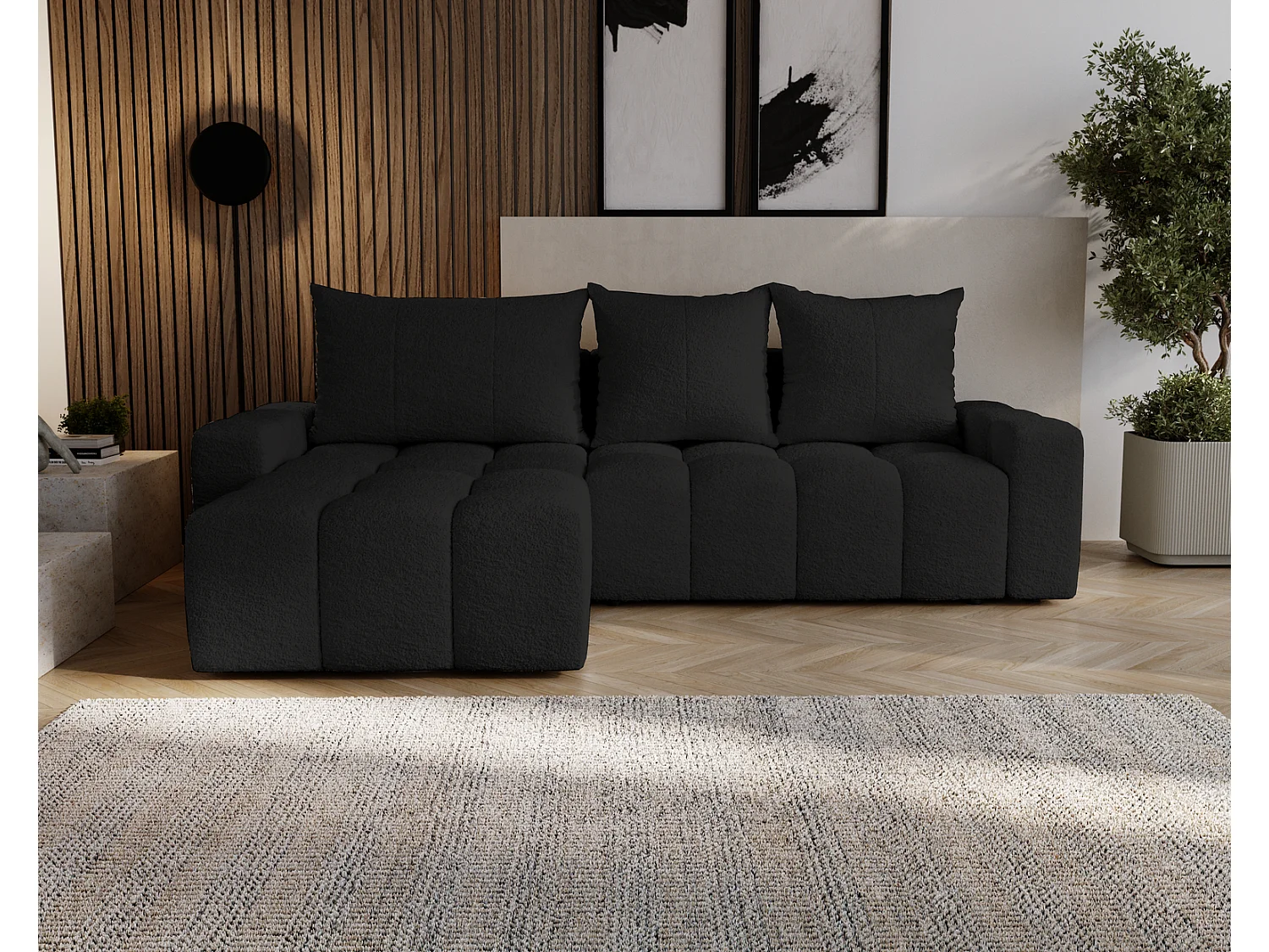 Canapé d'angle convertible Wilson, 255 cm, tissu bouclé, gauche, noir