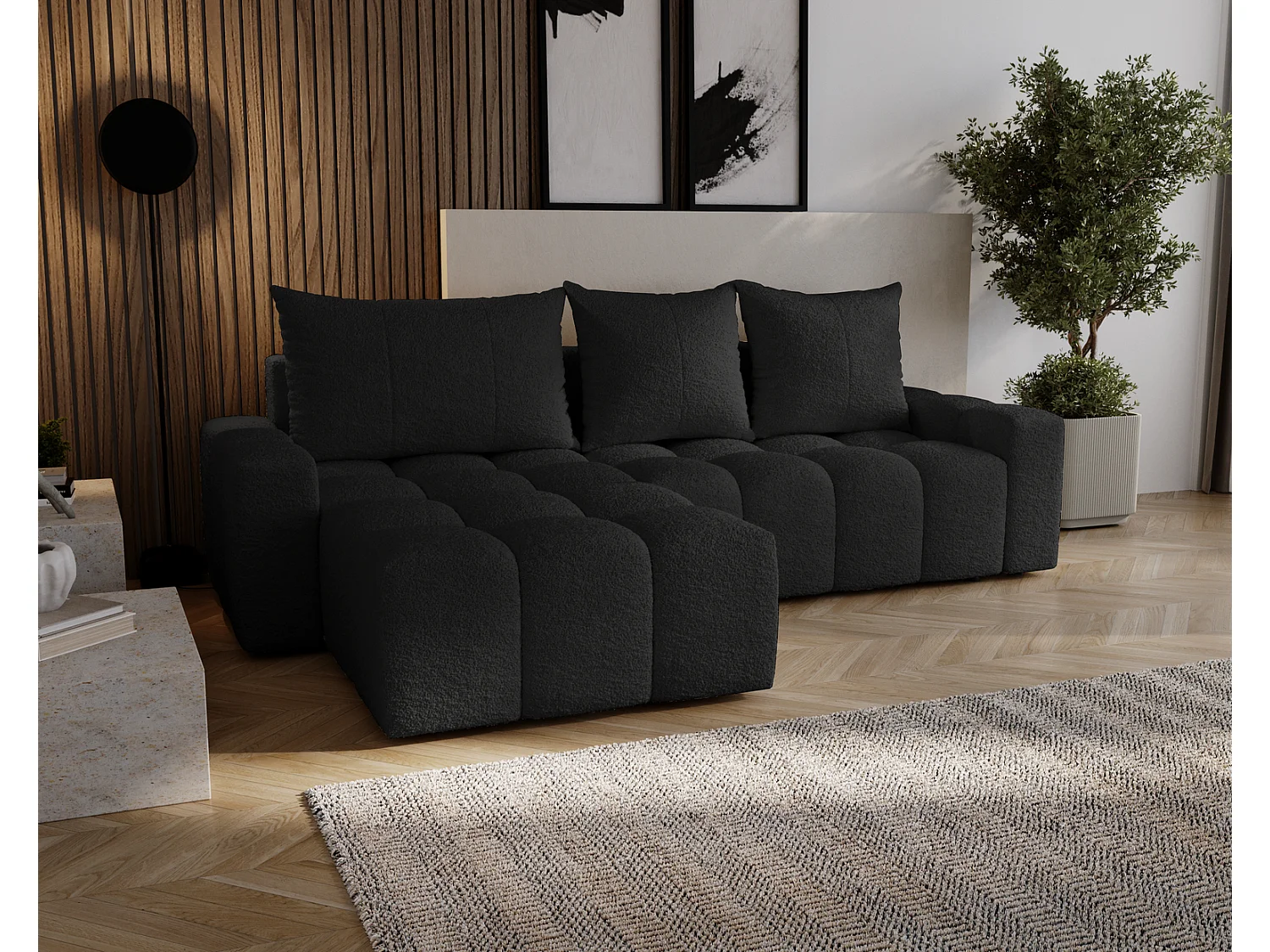 Canapé d'angle convertible Wilson, 255 cm, tissu bouclé, gauche, noir