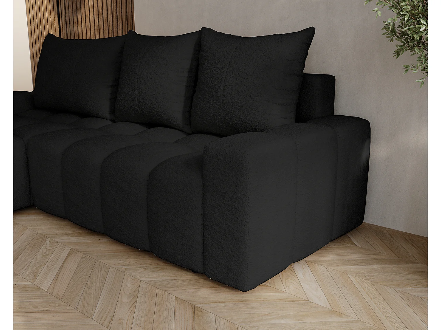 Canapé d'angle convertible Wilson, 255 cm, tissu bouclé, gauche, noir