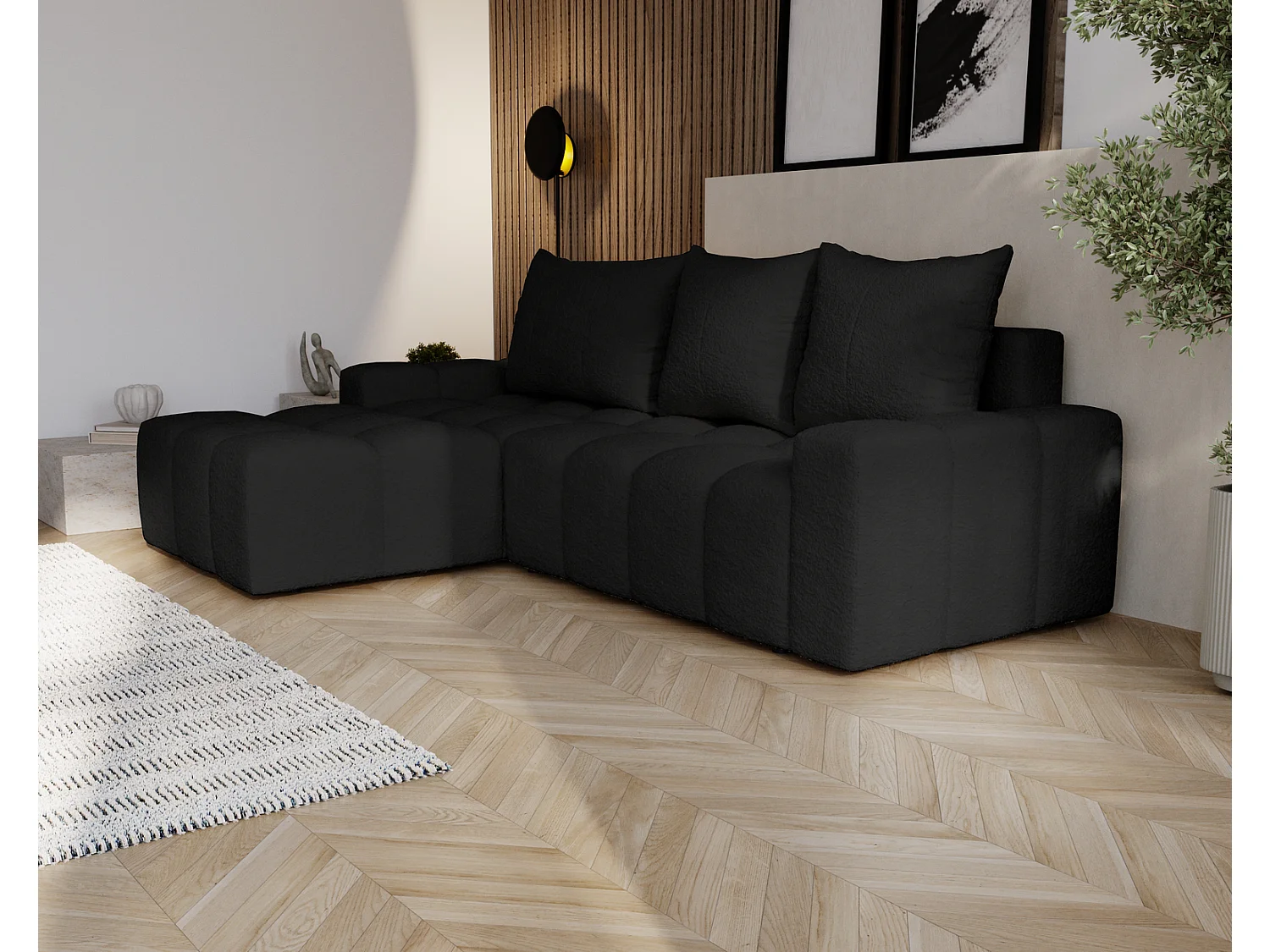 Canapé d'angle convertible Wilson, 255 cm, tissu bouclé, gauche, noir