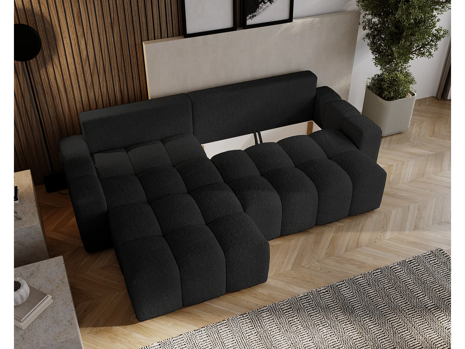 Canapé d'angle convertible Wilson, 255 cm, tissu bouclé, gauche, noir