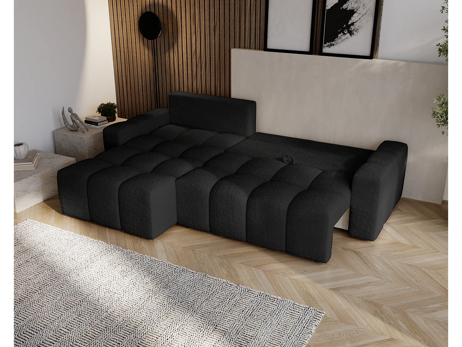 Canapé d'angle convertible Wilson, 255 cm, tissu bouclé, gauche, noir