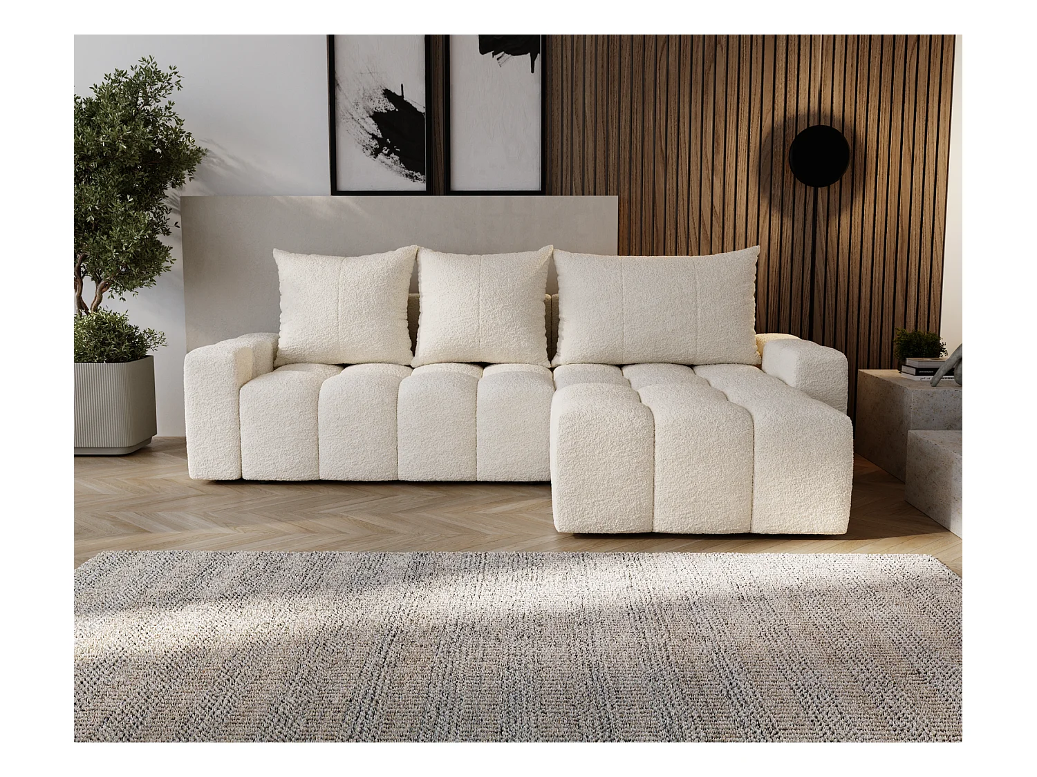 Emporius Wilson Canapé d'angle - Tissu Bouclé, Canapé 255 cm Convertible, Droite - Crème (Anthology 1)