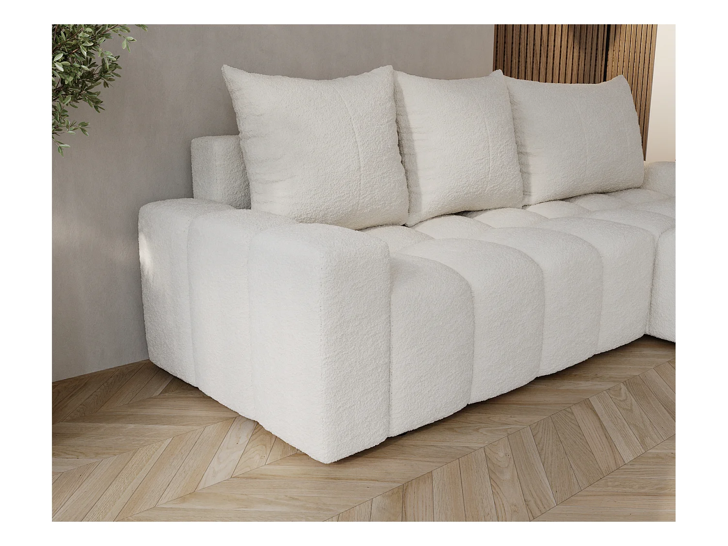 Emporius Wilson Canapé d'angle - Tissu Bouclé, Canapé 255 cm Convertible, Droite - Crème (Anthology 1)