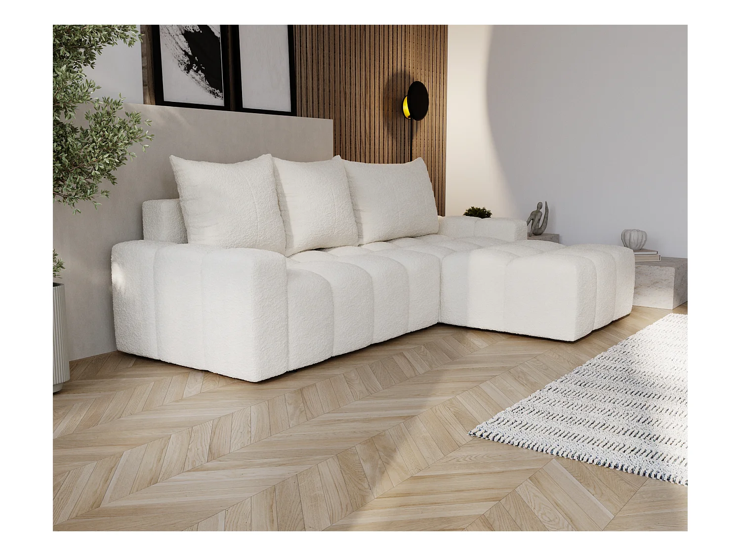 Emporius Wilson Canapé d'angle - Tissu Bouclé, Canapé 255 cm Convertible, Droite - Crème (Anthology 1)