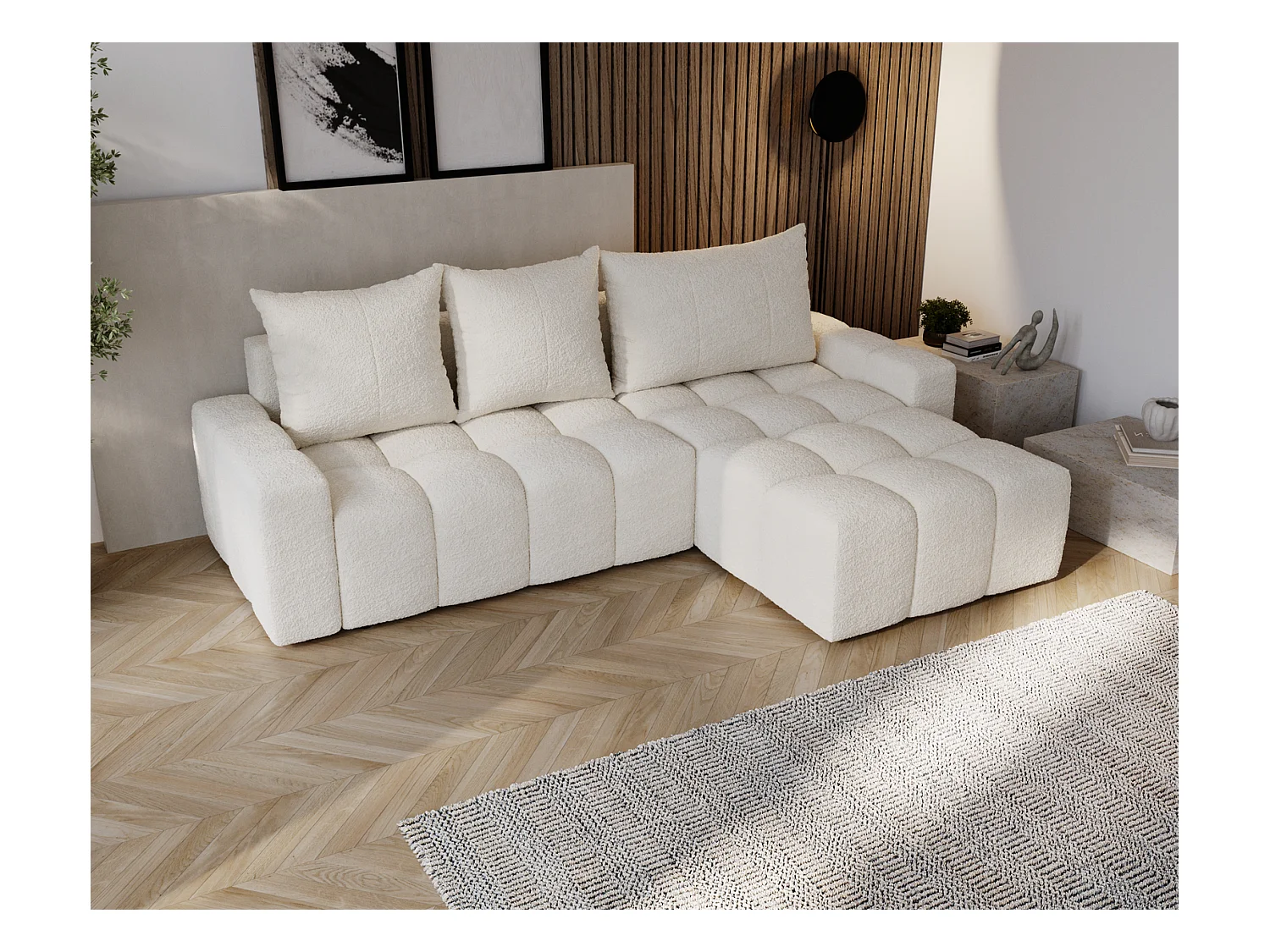 Emporius Wilson Canapé d'angle - Tissu Bouclé, Canapé 255 cm Convertible, Droite - Crème (Anthology 1)