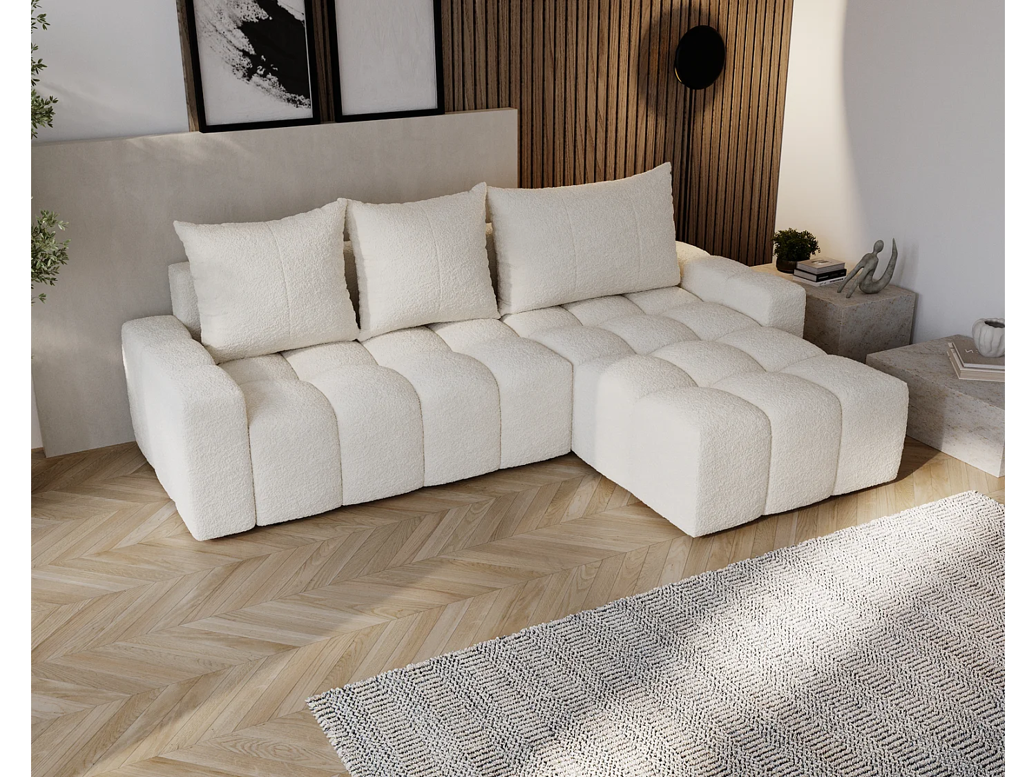 Emporius Wilson Hoekbank met slaapfunctie - slaapbank met bedlade, rechts, bouclé crème (Anthology 1)