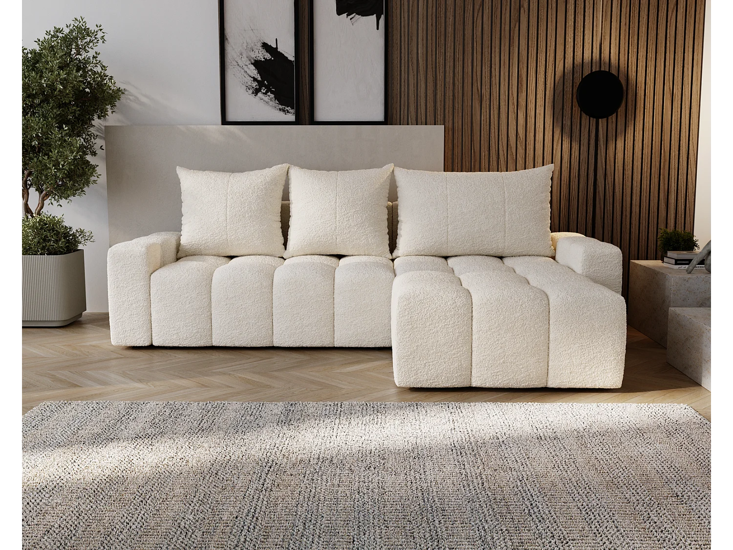 Emporius Wilson Hoekbank met slaapfunctie - slaapbank met bedlade, rechts, bouclé crème (Anthology 1)