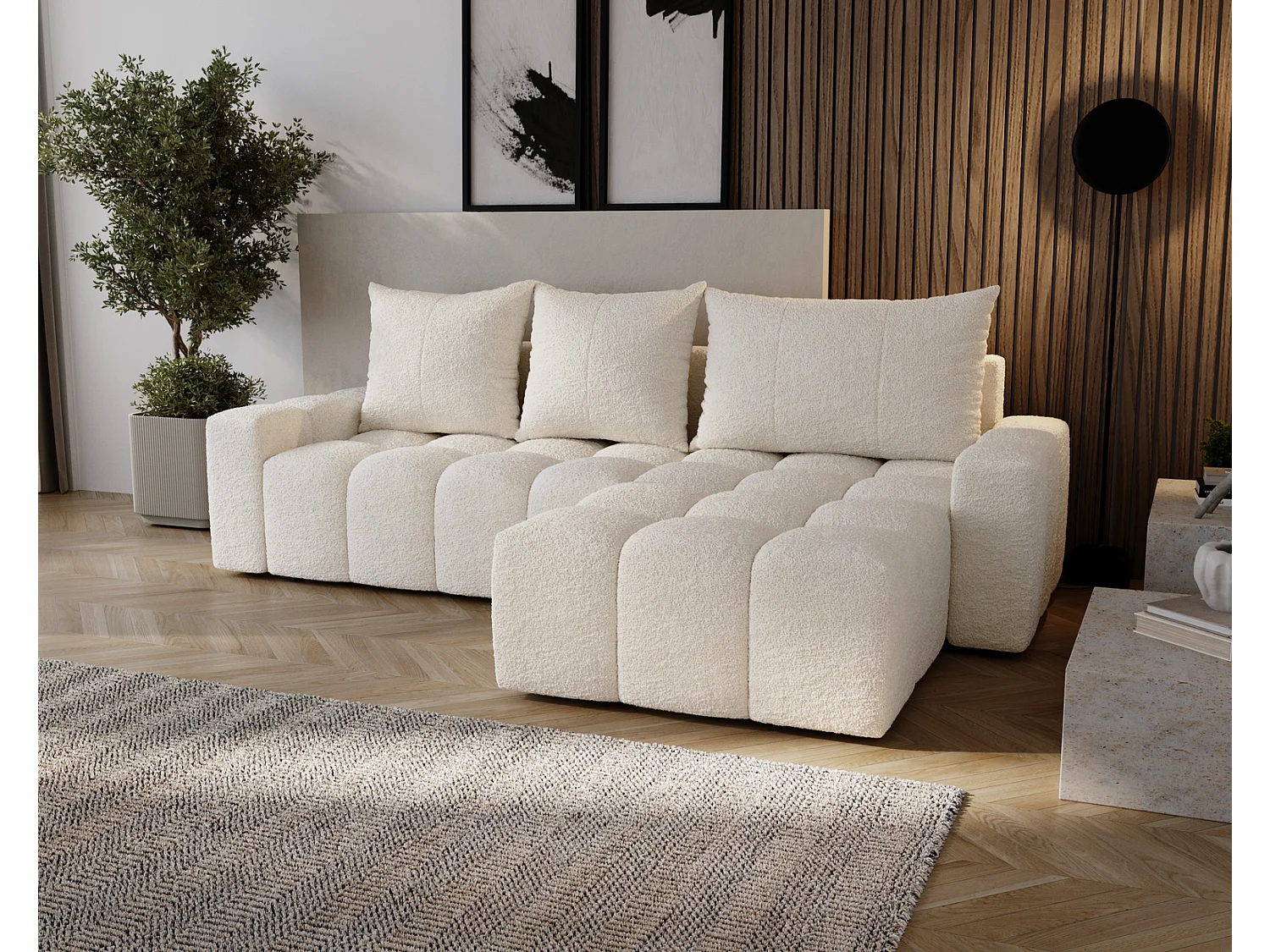 Emporius Wilson Hoekbank met slaapfunctie - slaapbank met bedlade, rechts, bouclé crème (Anthology 1)