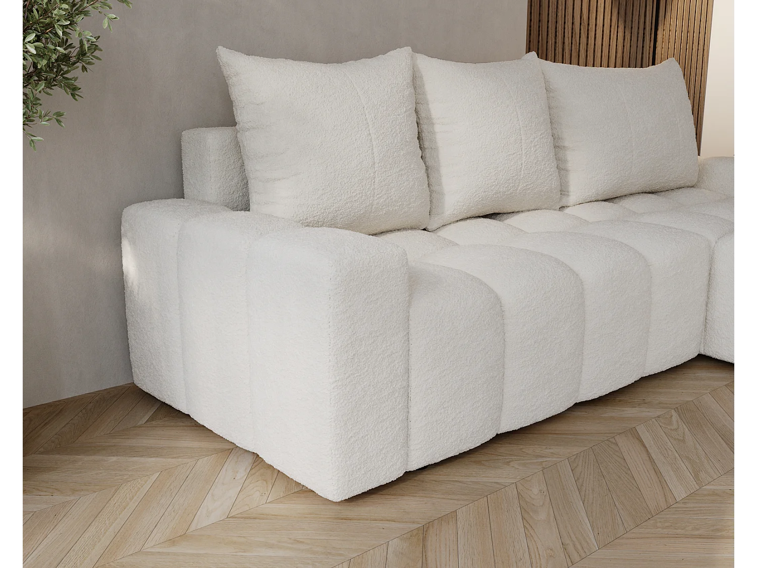 Emporius Wilson Hoekbank met slaapfunctie - slaapbank met bedlade, rechts, bouclé crème (Anthology 1)