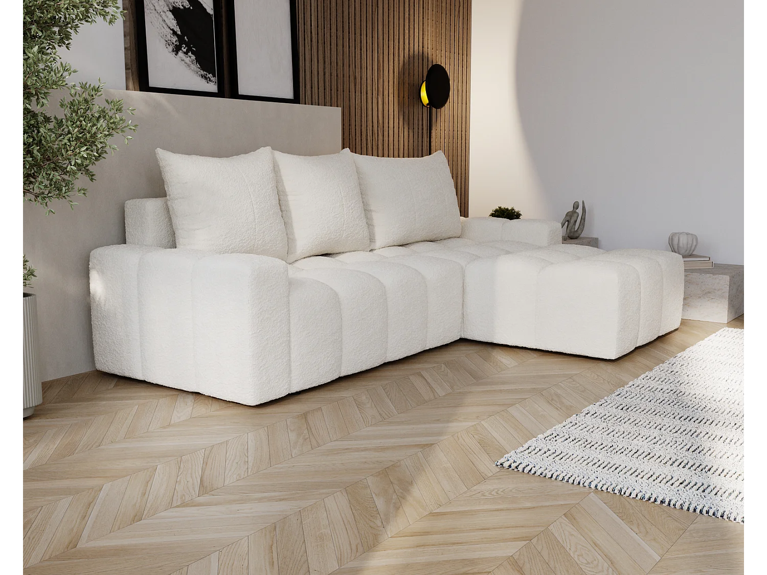 Emporius Wilson Hoekbank met slaapfunctie - slaapbank met bedlade, rechts, bouclé crème (Anthology 1)